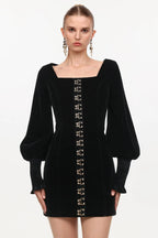 tina Cinched Waist Square Neck Long Sleeve Velvet Mini Dress in black Avalabel