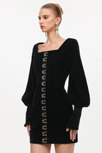 tina Cinched Waist Square Neck Long Sleeve Velvet Mini Dress in black Avalabel