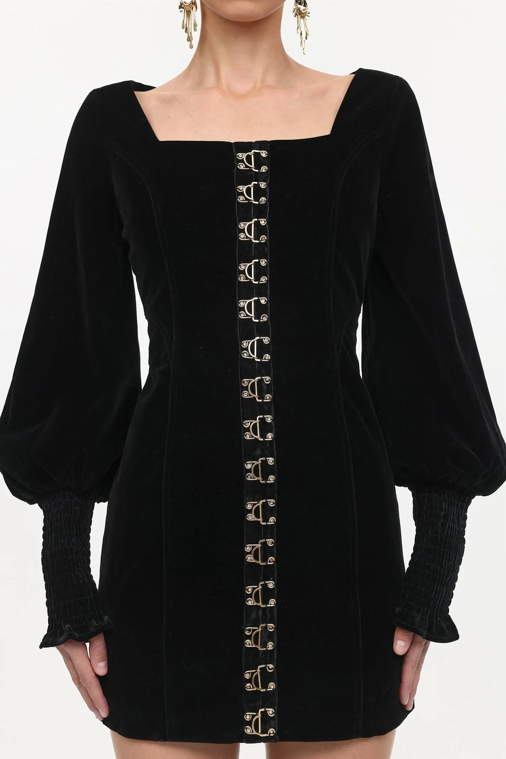 tina Cinched Waist Square Neck Long Sleeve Velvet Mini Dress in black Avalabel