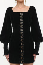 tina Cinched Waist Square Neck Long Sleeve Velvet Mini Dress in black Avalabel