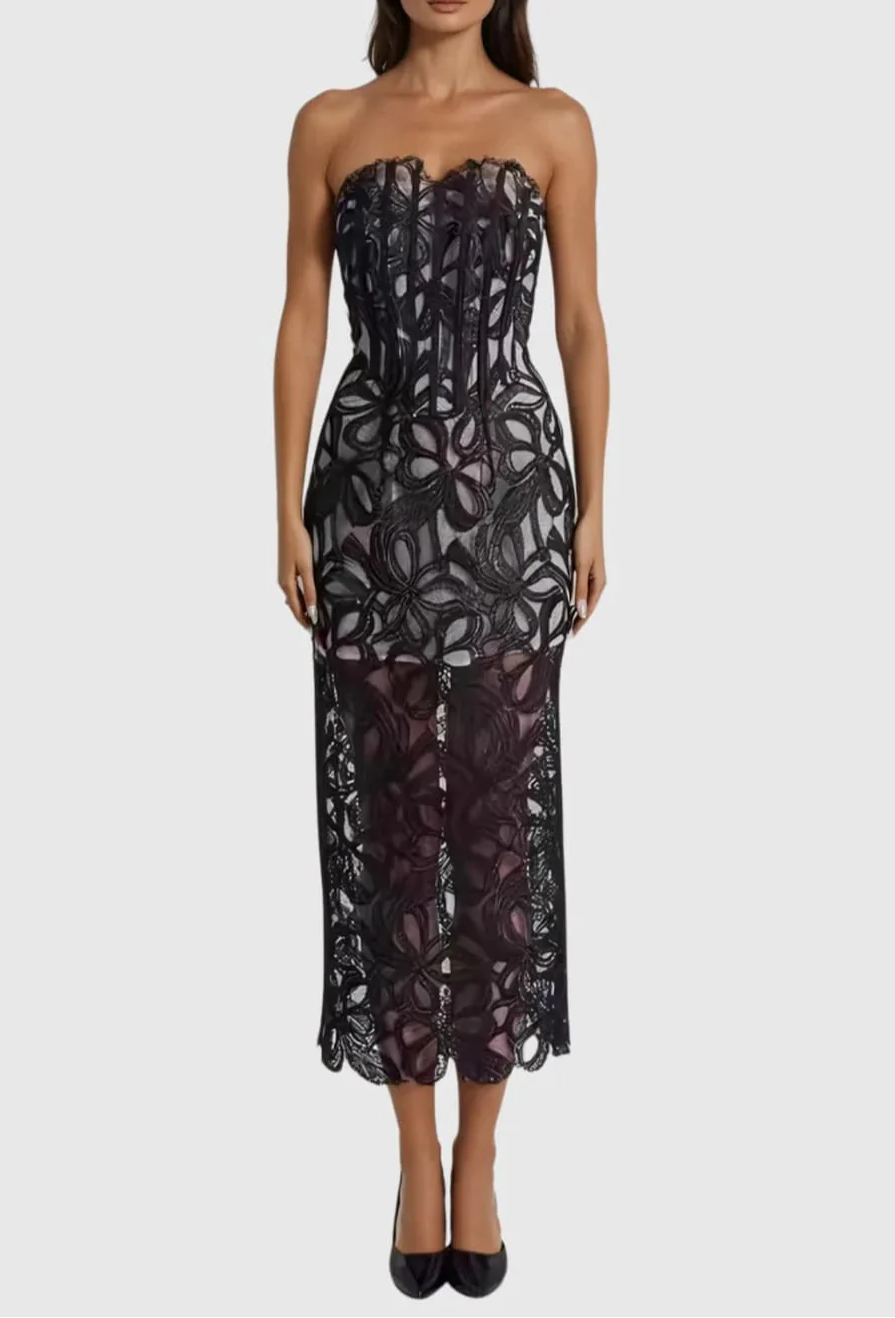 Letitia Strapless Flower Embroidered Midi Dress Avalabel