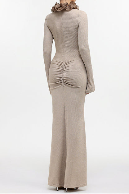 rachel Contour Long Sleeve Ruffle Knit Maxi Dress in pale brown
