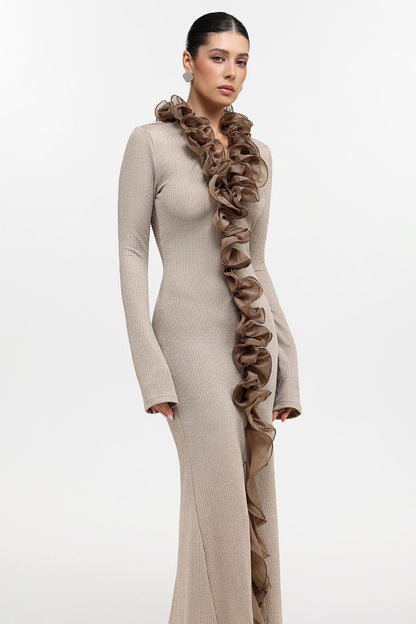 rachel Contour Long Sleeve Ruffle Knit Maxi Dress in pale brown