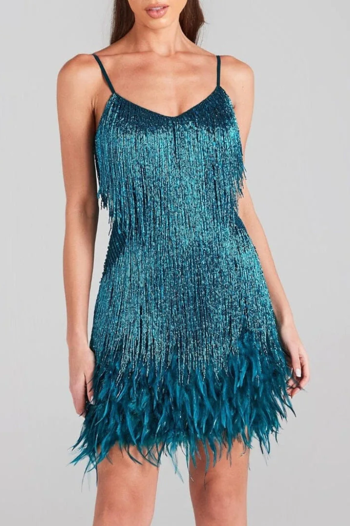 EMERALD TASSEL FEATHER MINI DRESS Avalabel