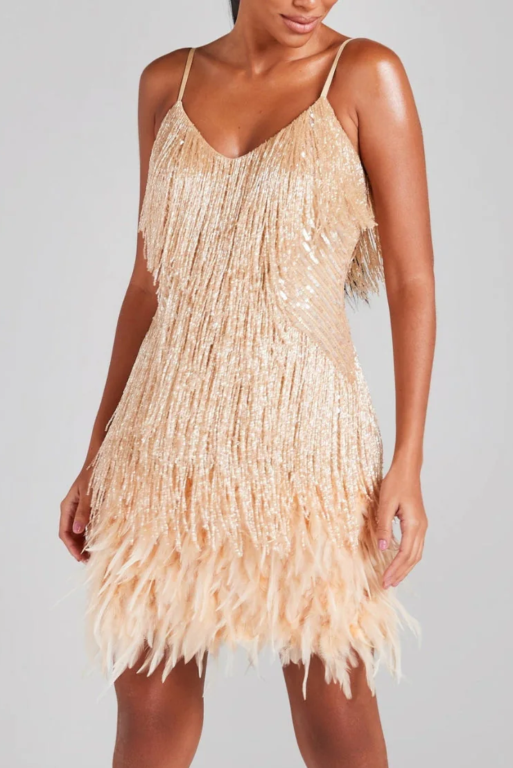 CHAMPAGNE TASSEL FEATHER MINI DRESS Avalabel