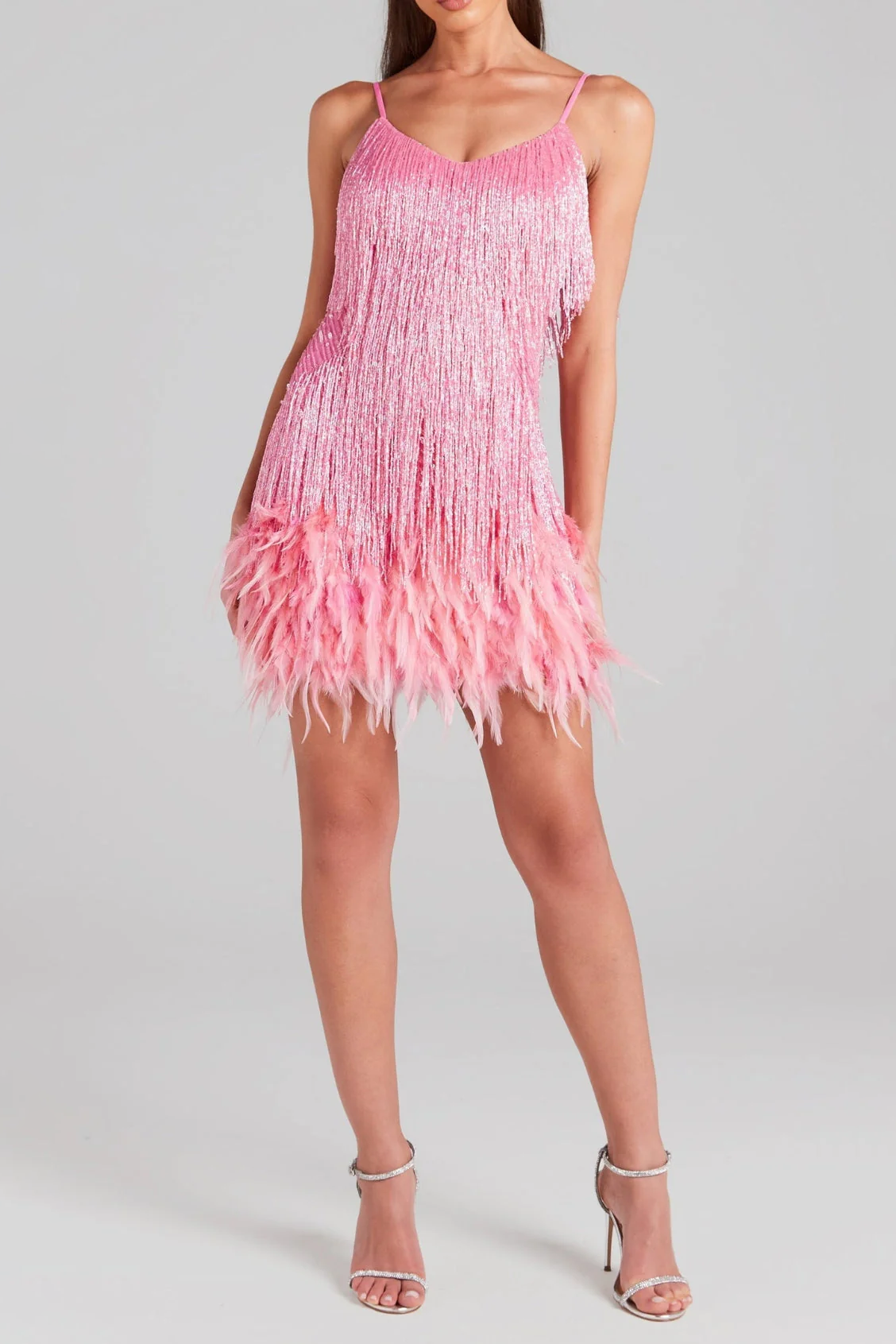 PINK TASSEL FEATHER MINI DRESS Avalabel