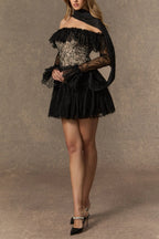 delia Black Off Shoulder Lace Corset Mini Dress Avalabel