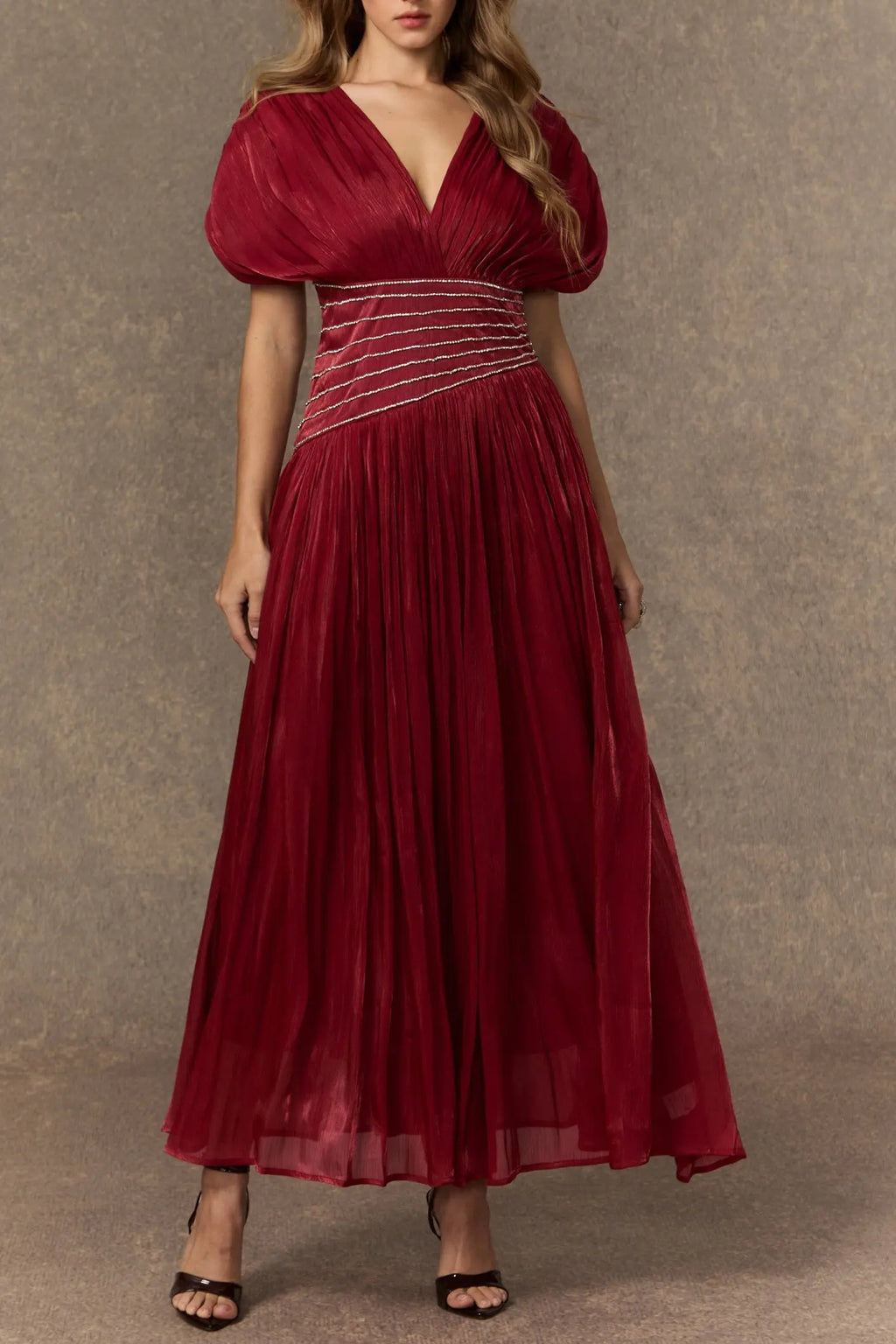 Myra Burgundy V-neck Embellished Maxi Dress Avalabel