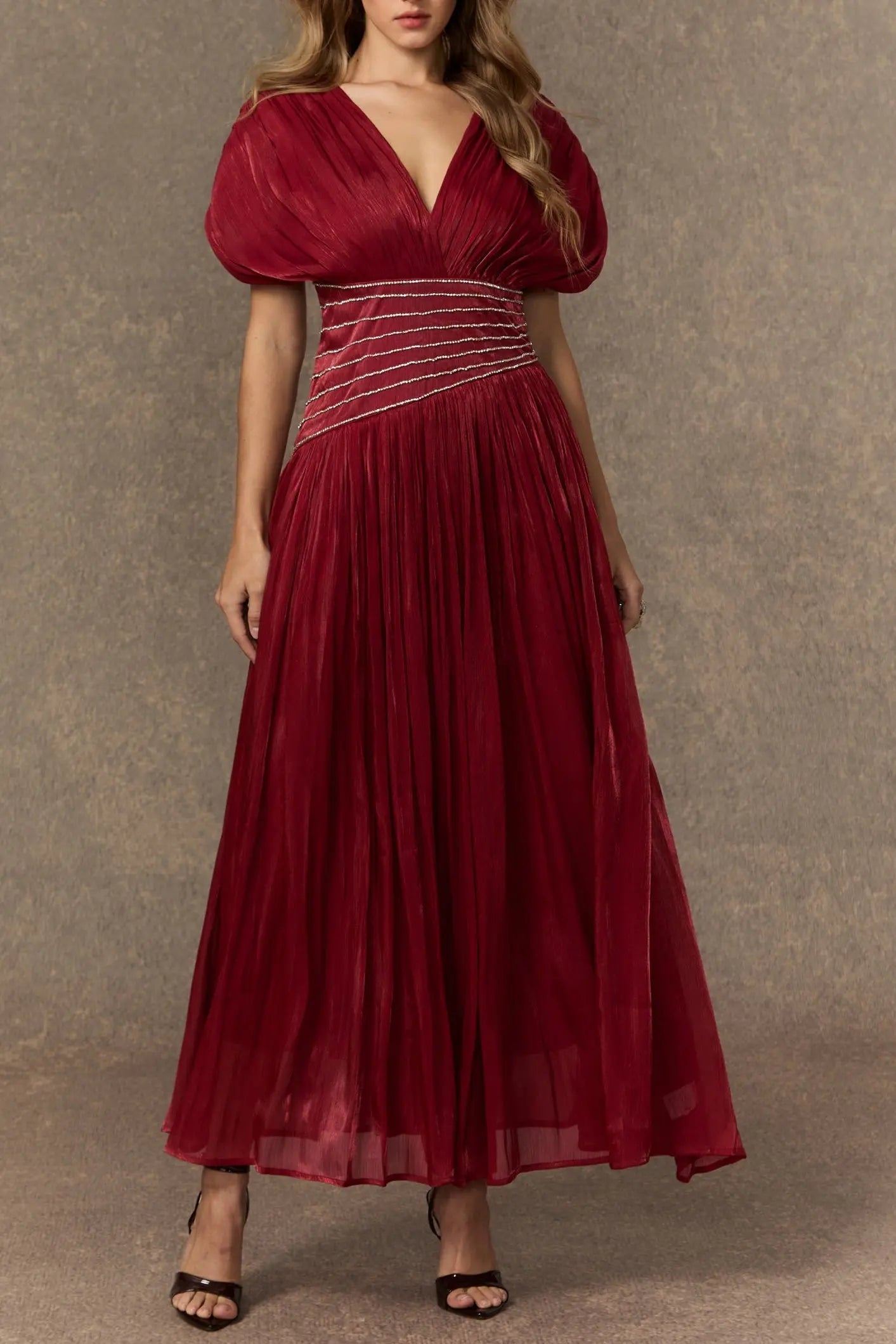 Myra Burgundy V-neck Embellished Maxi Dress Avalabel