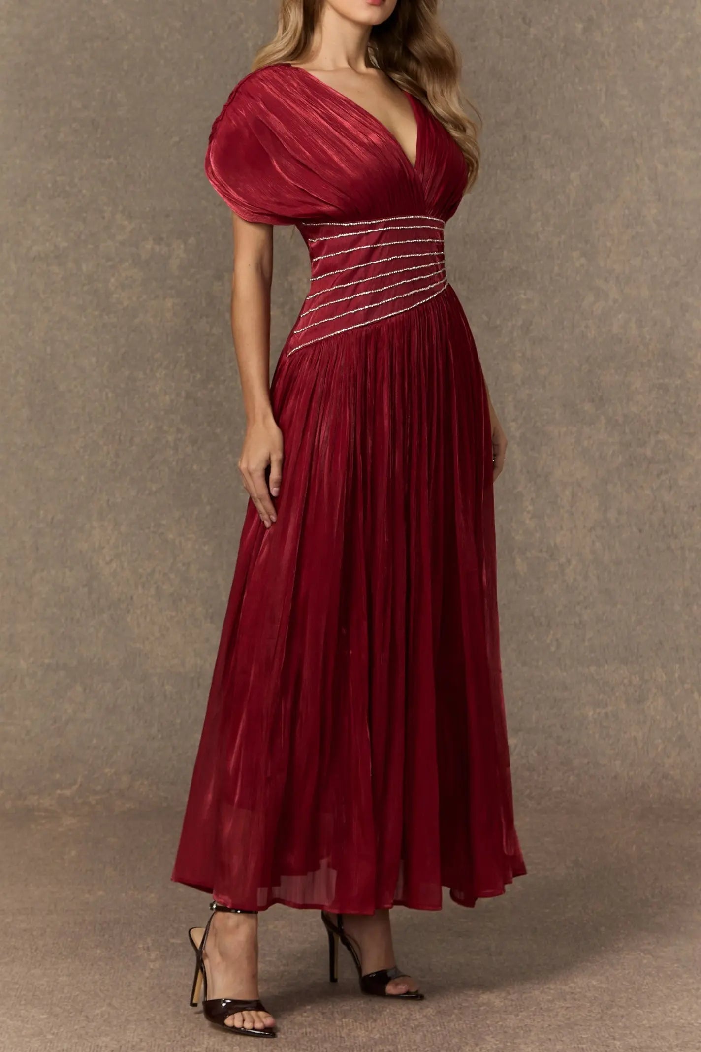 Myra Burgundy V-neck Embellished Maxi Dress Avalabel