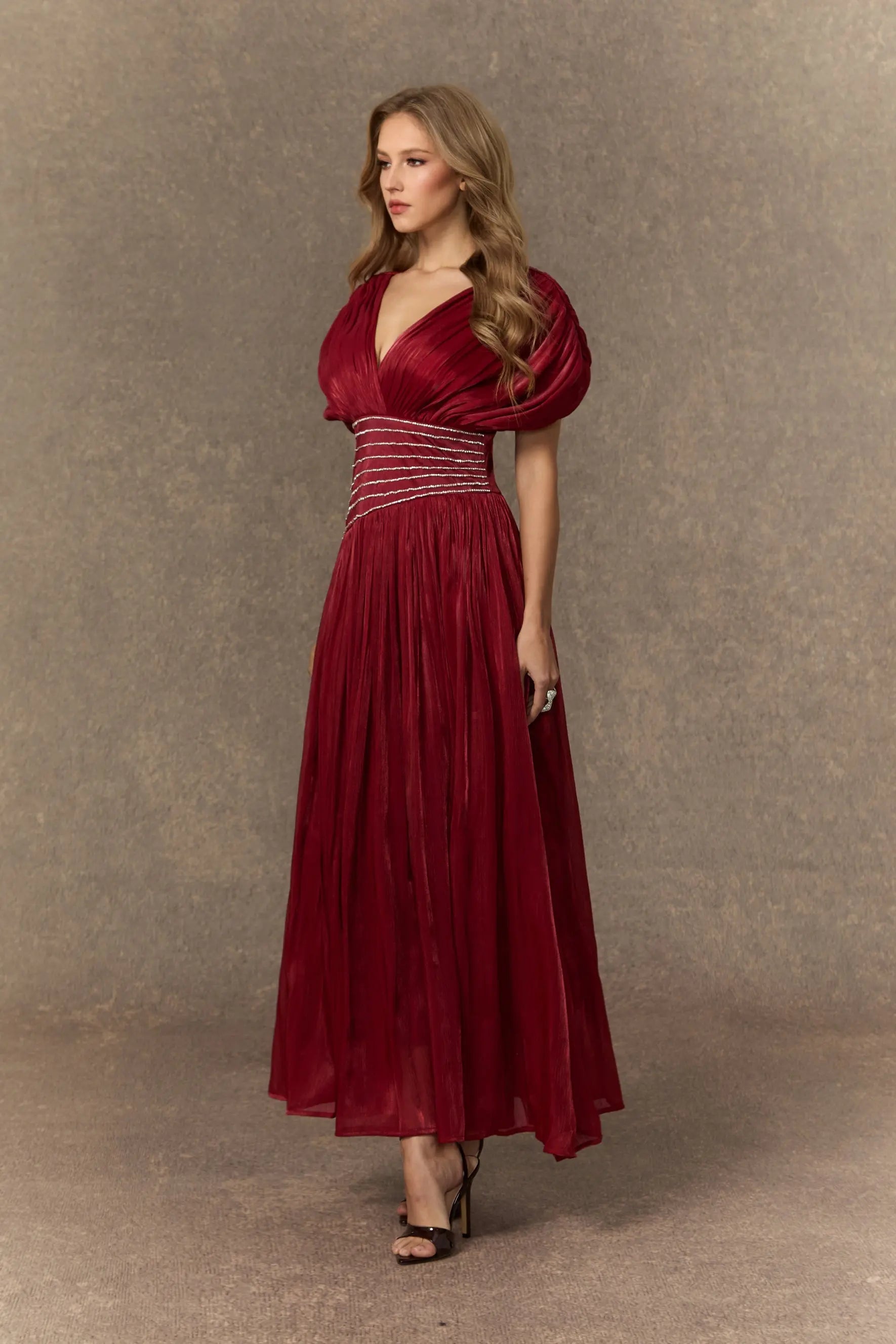 Myra Burgundy V-neck Embellished Maxi Dress Avalabel