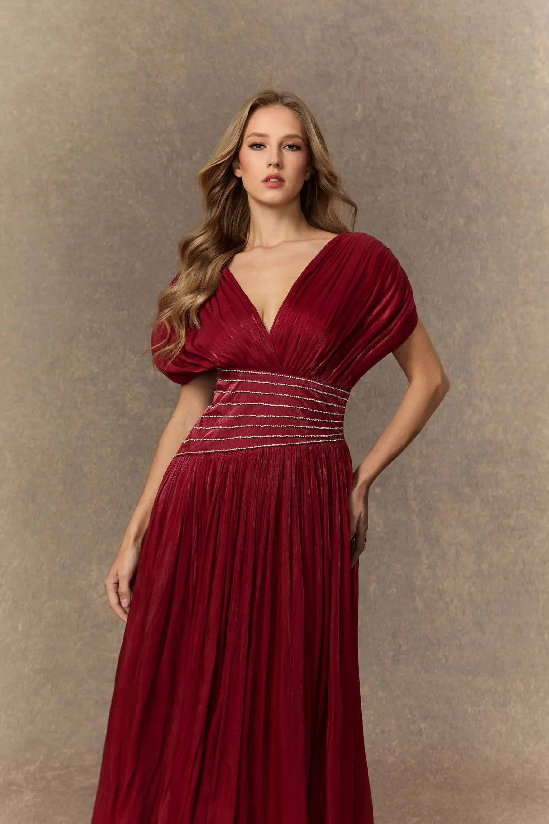 Myra Burgundy V-neck Embellished Maxi Dress Avalabel