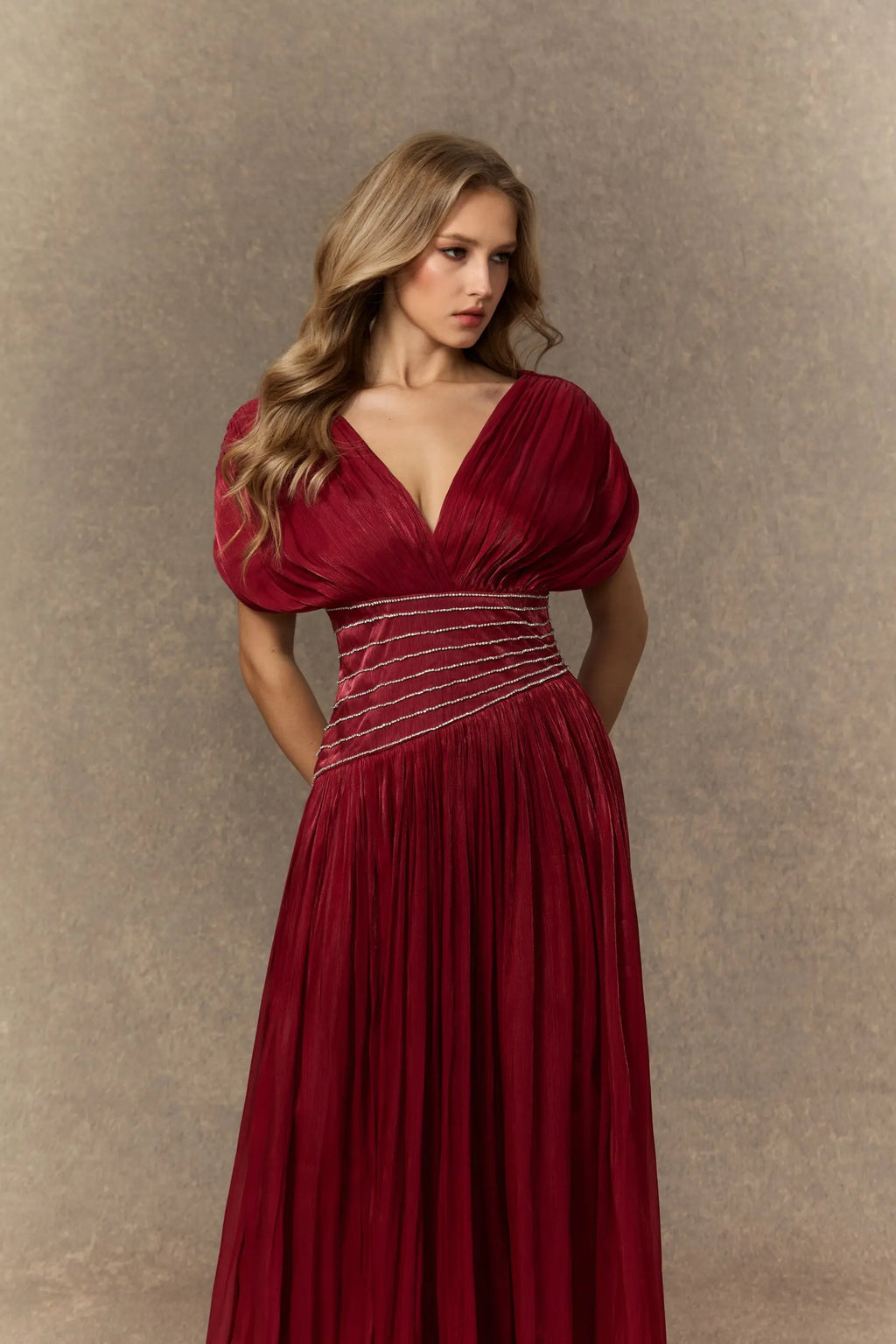 Myra Burgundy V-neck Embellished Maxi Dress Avalabel