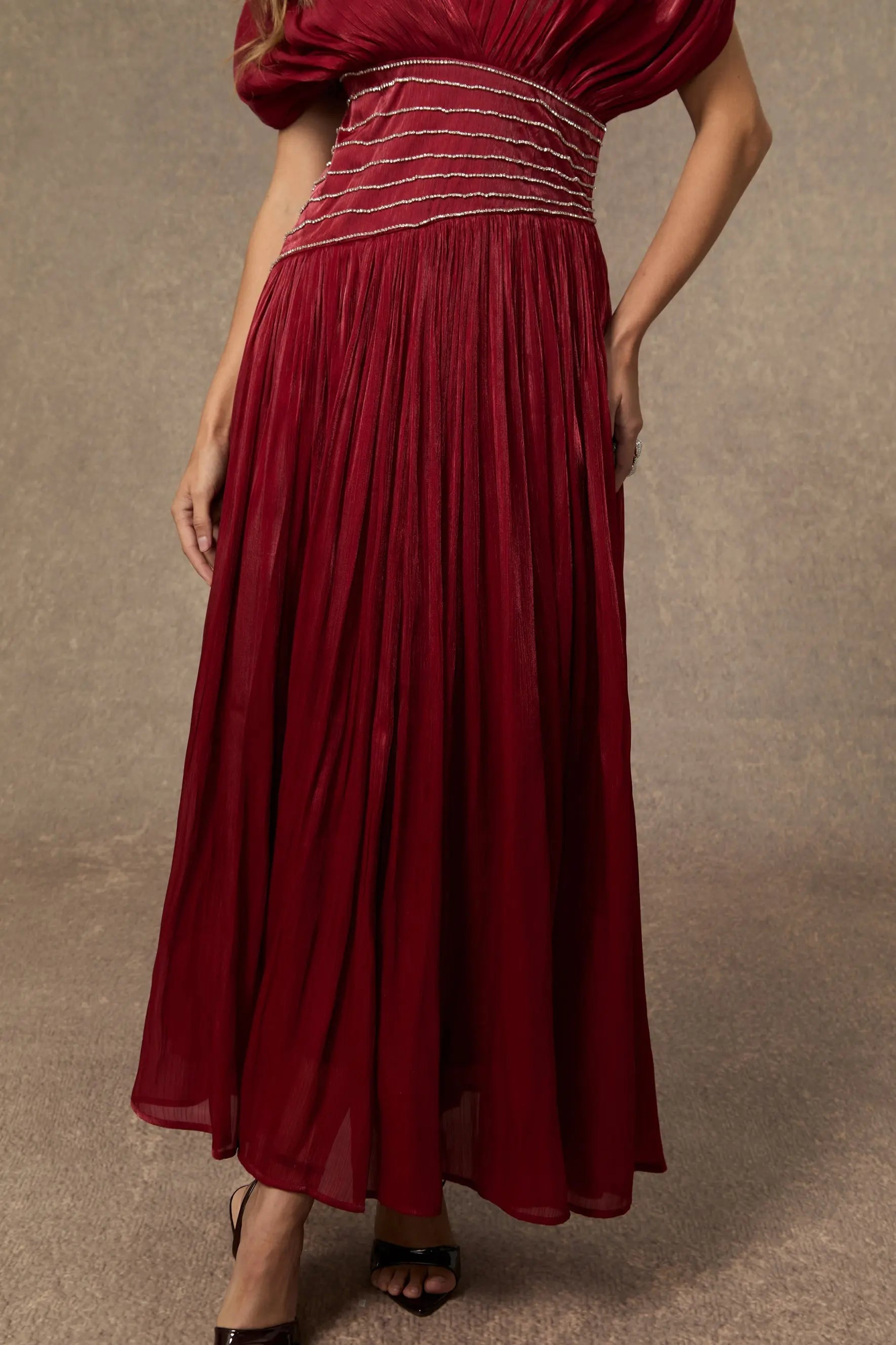 Myra Burgundy V-neck Embellished Maxi Dress Avalabel