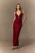 Olivia Burgundy Beaded Plunging V‑Neck Maxi Dress Avalabel