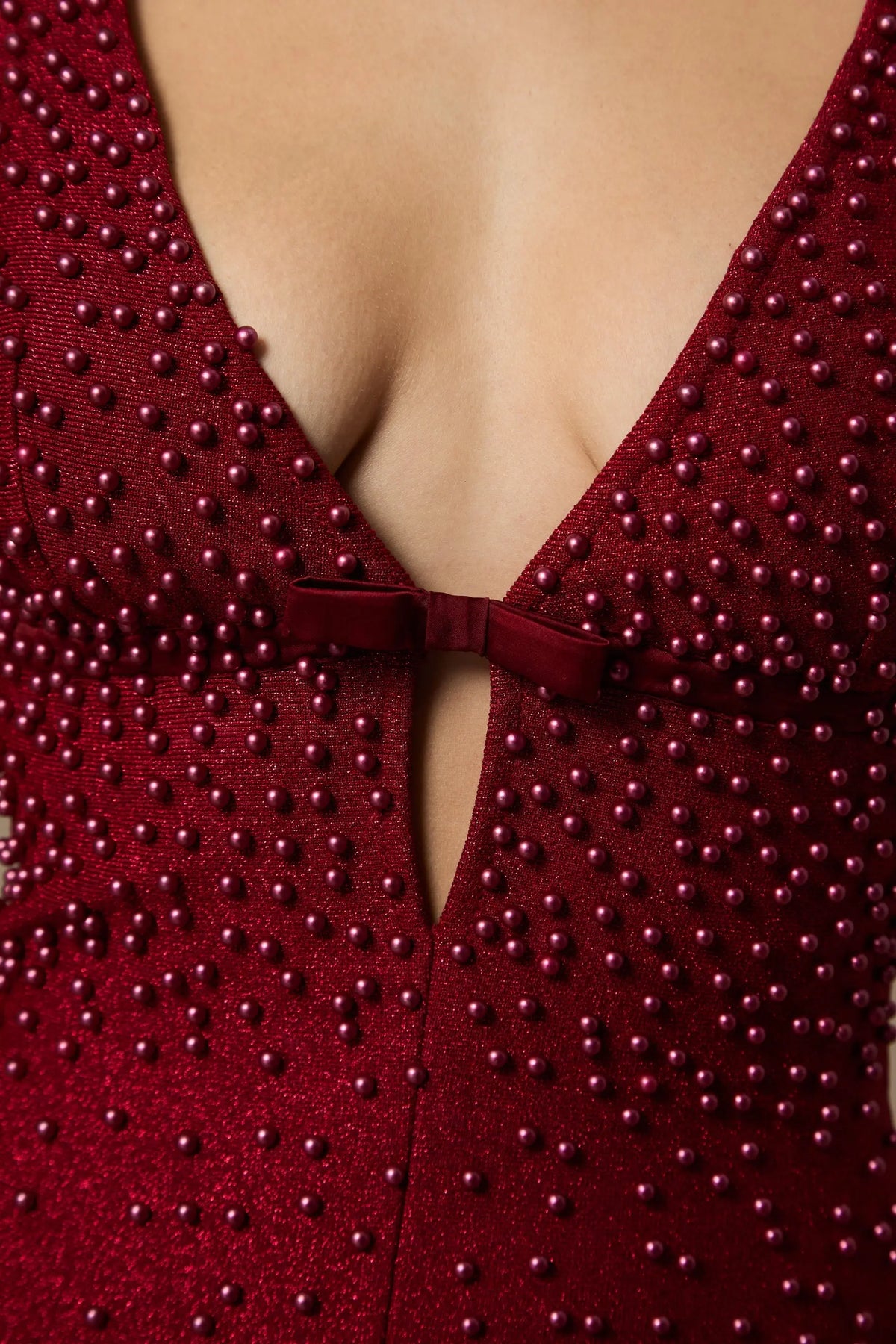 Olivia Burgundy Beaded Plunging V‑Neck Maxi Dress Avalabel