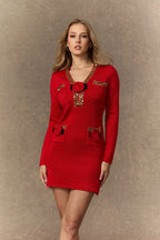 ella v-neck Red Sequin Trim Knit Mini Dress Avalabel