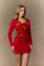 ella v-neck Red Sequin Trim Knit Mini Dress Avalabel