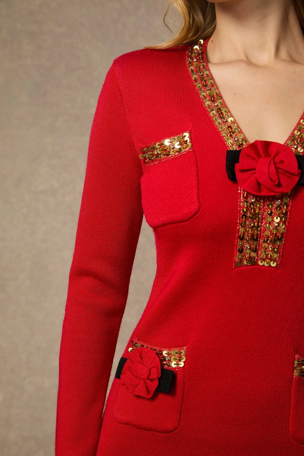 ella v-neck Red Sequin Trim Knit Mini Dress Avalabel
