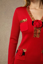 ella v-neck Red Sequin Trim Knit Mini Dress Avalabel