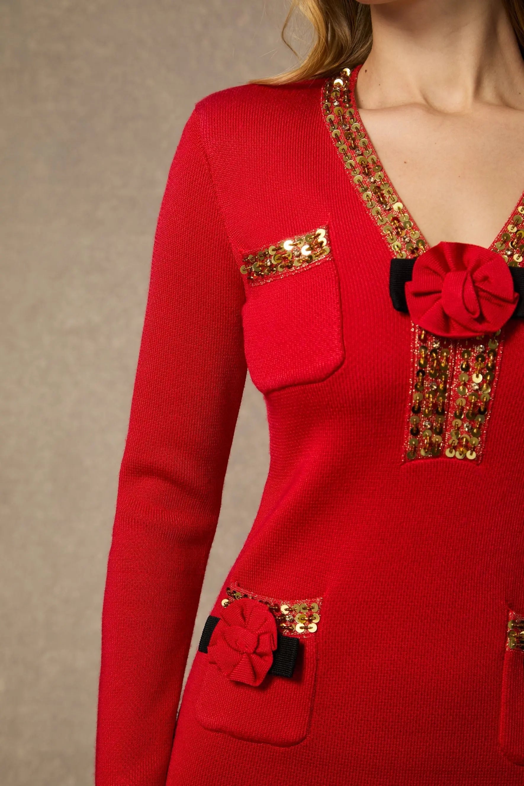 ella v-neck Red Sequin Trim Knit Mini Dress Avalabel