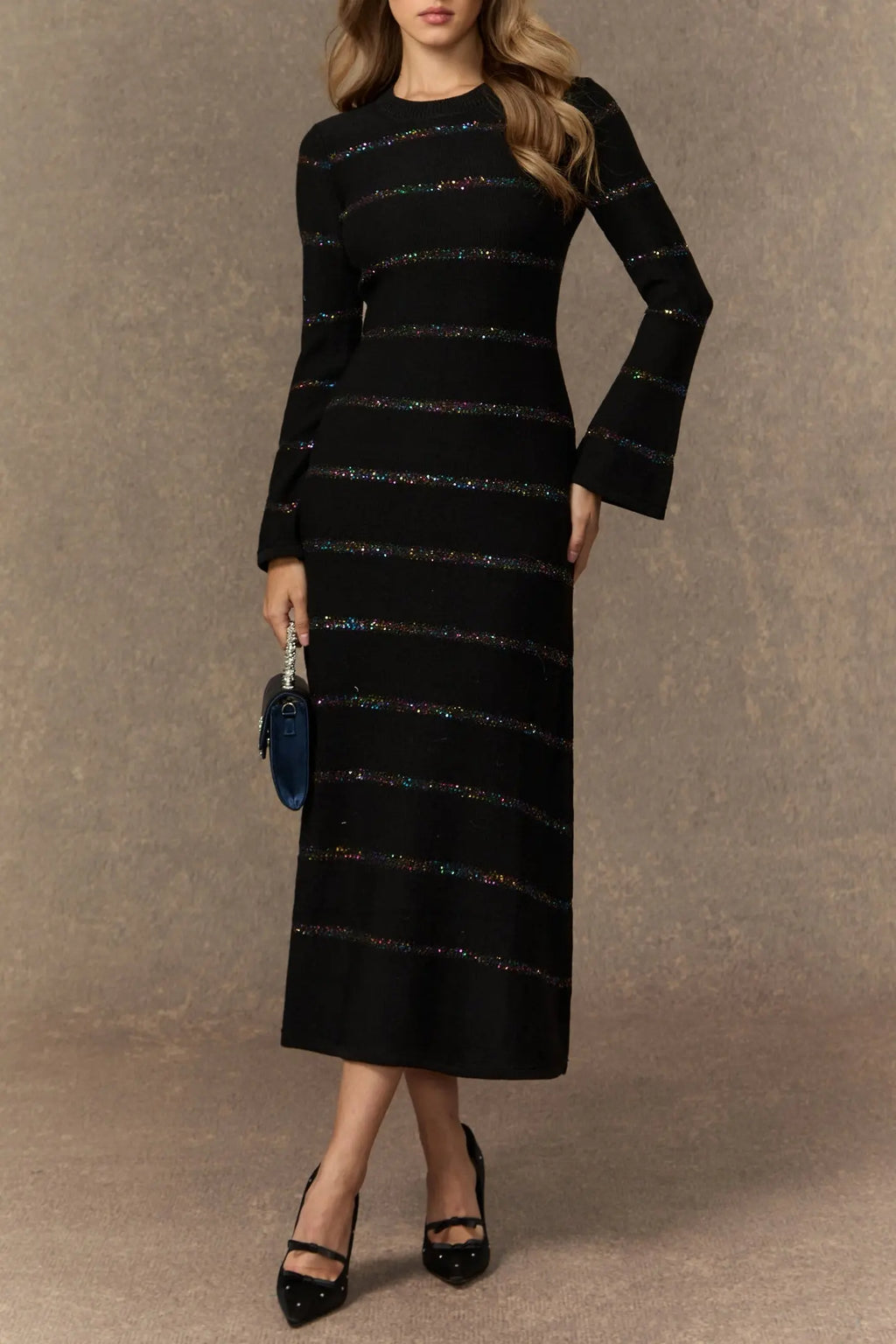 gloria Black Sequin Embellished Knit Midi Dress Avalabel