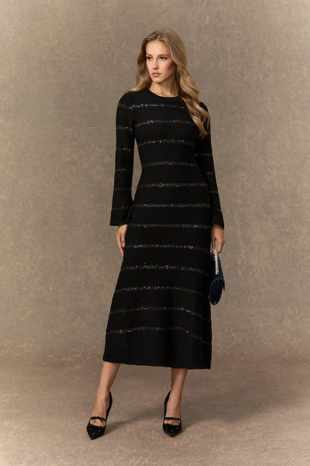 gloria Black Sequin Embellished Knit Midi Dress Avalabel