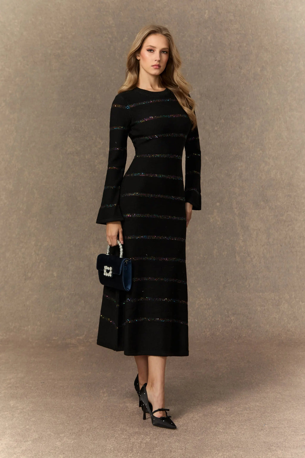 gloria Black Sequin Embellished Knit Midi Dress Avalabel