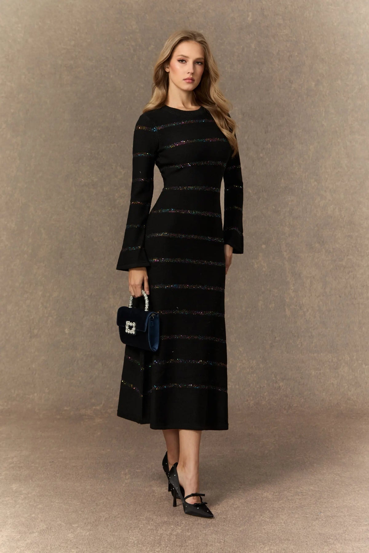 gloria Black Sequin Embellished Knit Midi Dress Avalabel