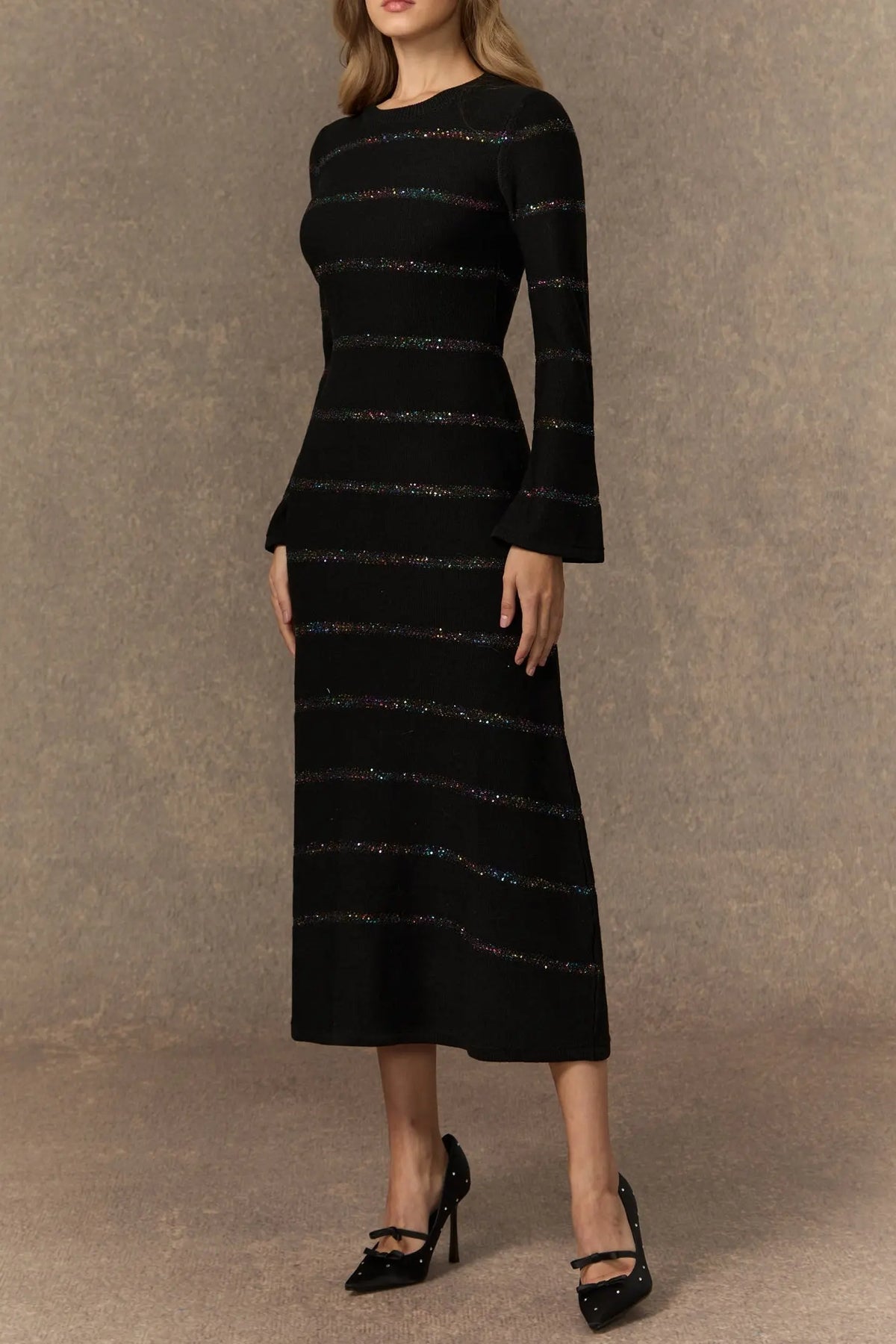 gloria Black Sequin Embellished Knit Midi Dress Avalabel