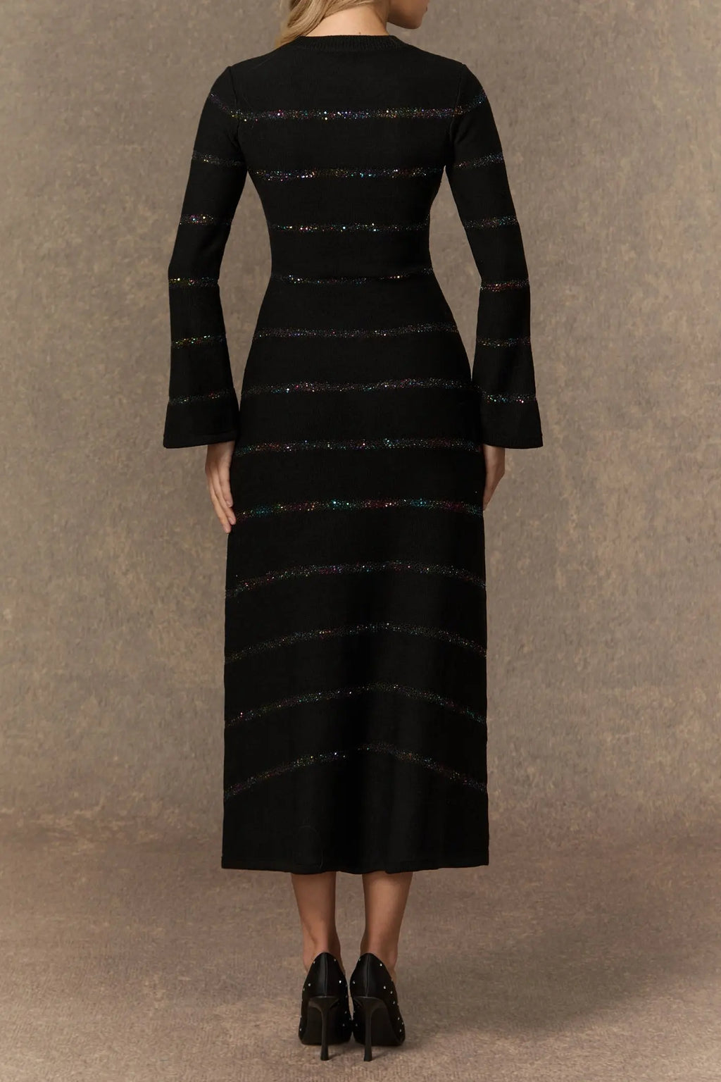 gloria Black Sequin Embellished Knit Midi Dress Avalabel