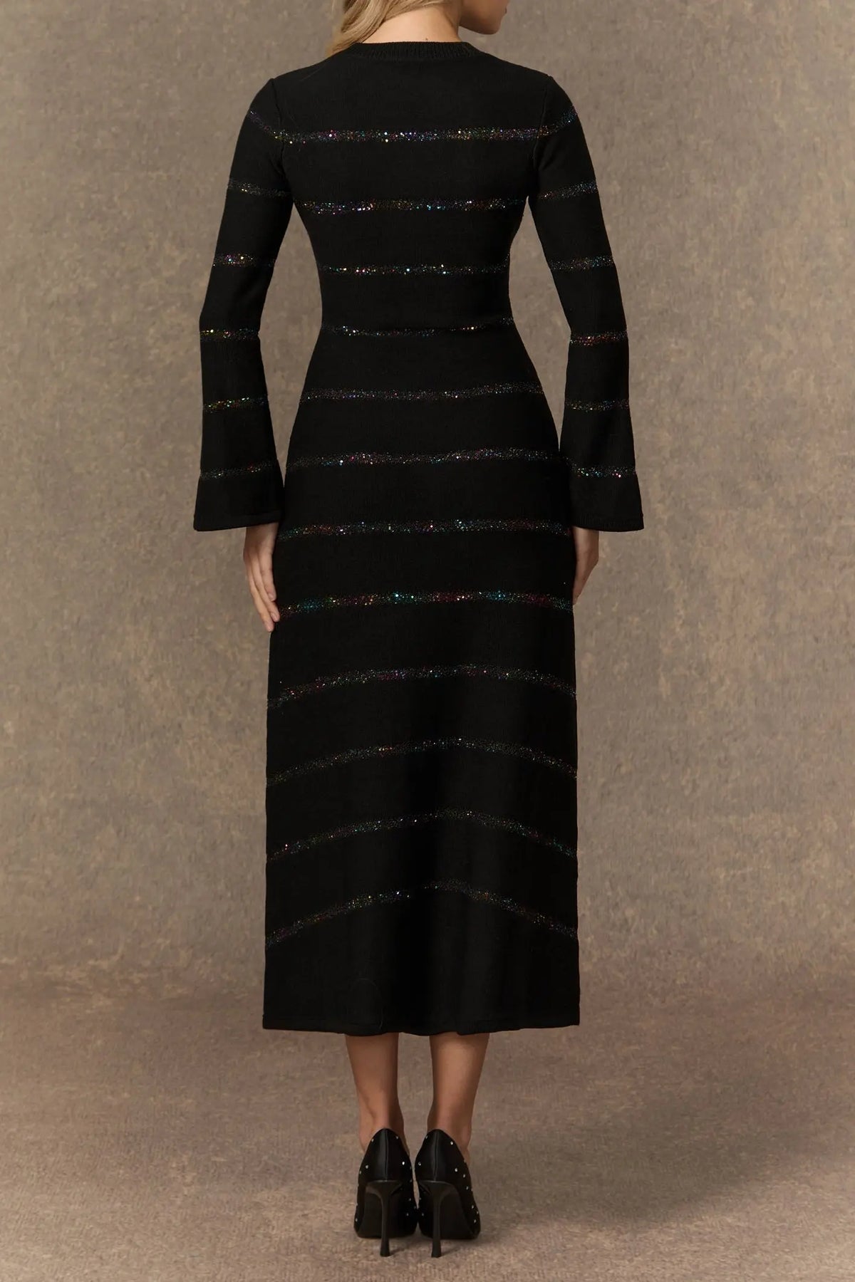 gloria Black Sequin Embellished Knit Midi Dress Avalabel
