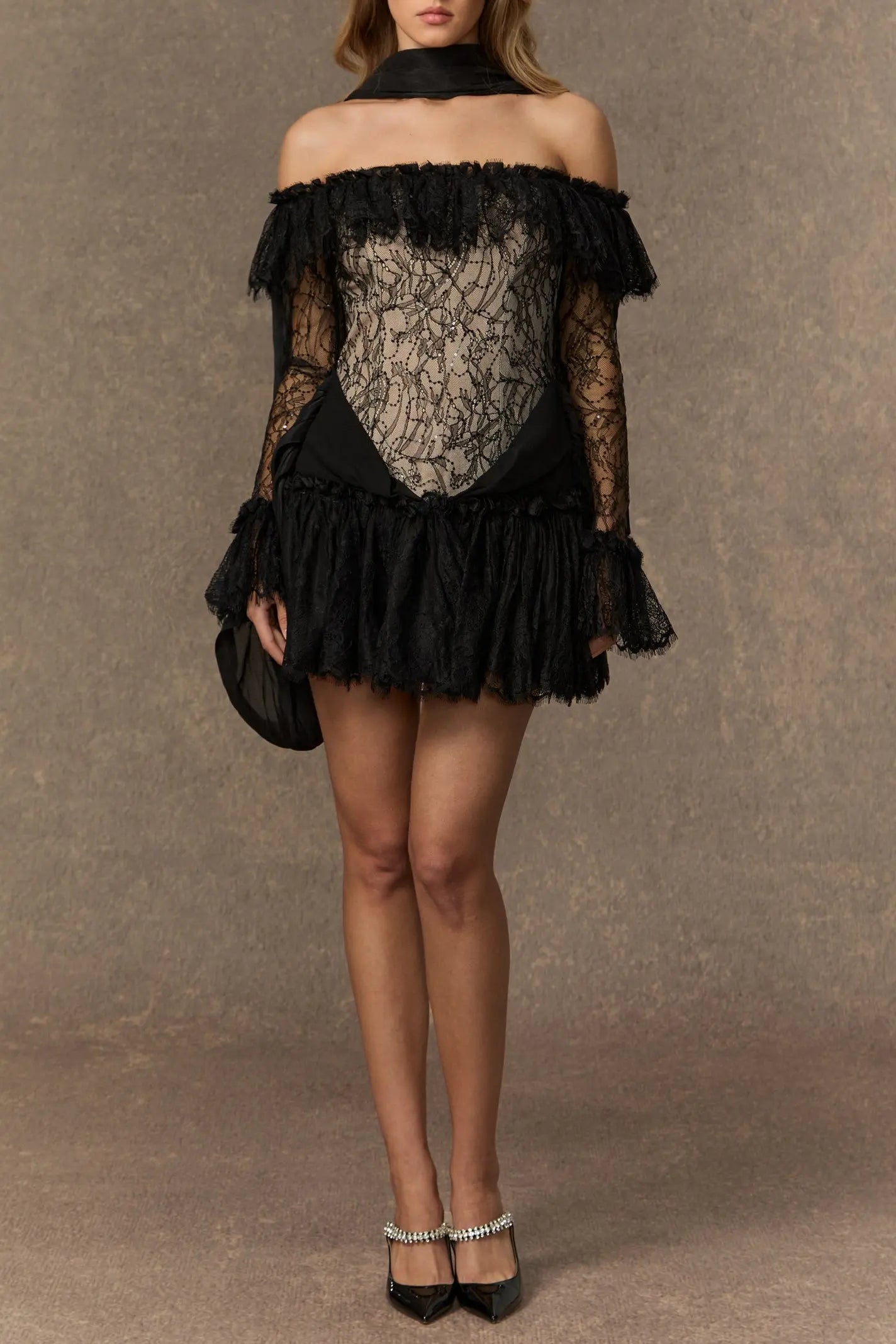 delia Black Off Shoulder Lace Corset Mini Dress Avalabel