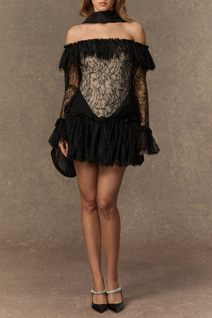 delia Black Off Shoulder Lace Corset Mini Dress