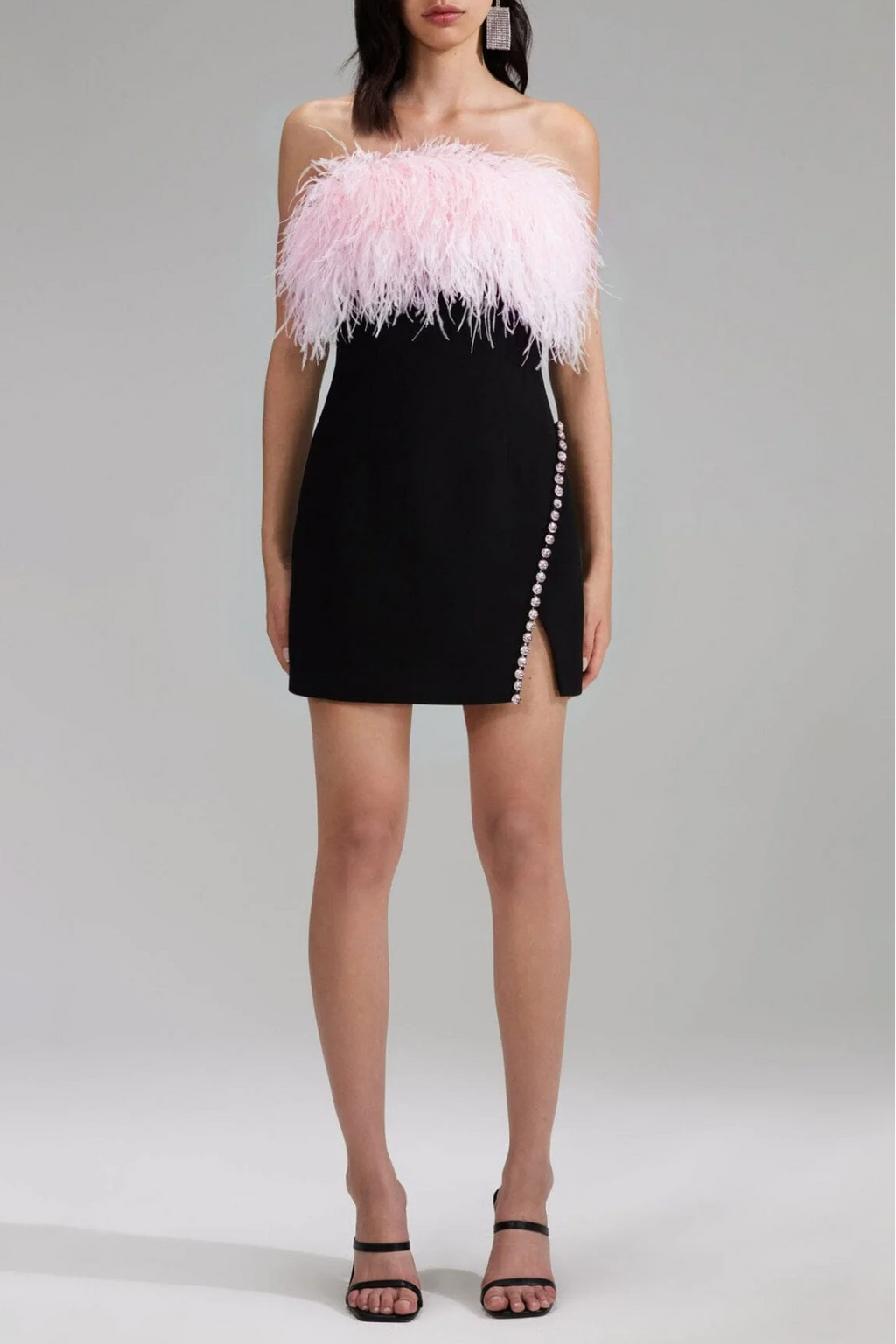 BANDAGE FEATHER CRYSTAL MINI DRESS IN BLACK Avalabel