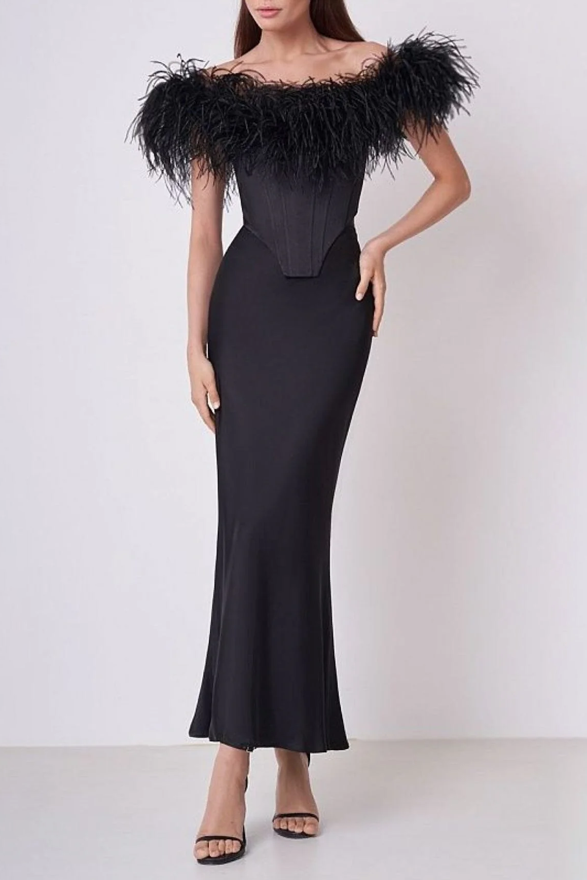 FEATHER OFF SHOULDER MERMAID MAXI DRESS BLACK Avalabel