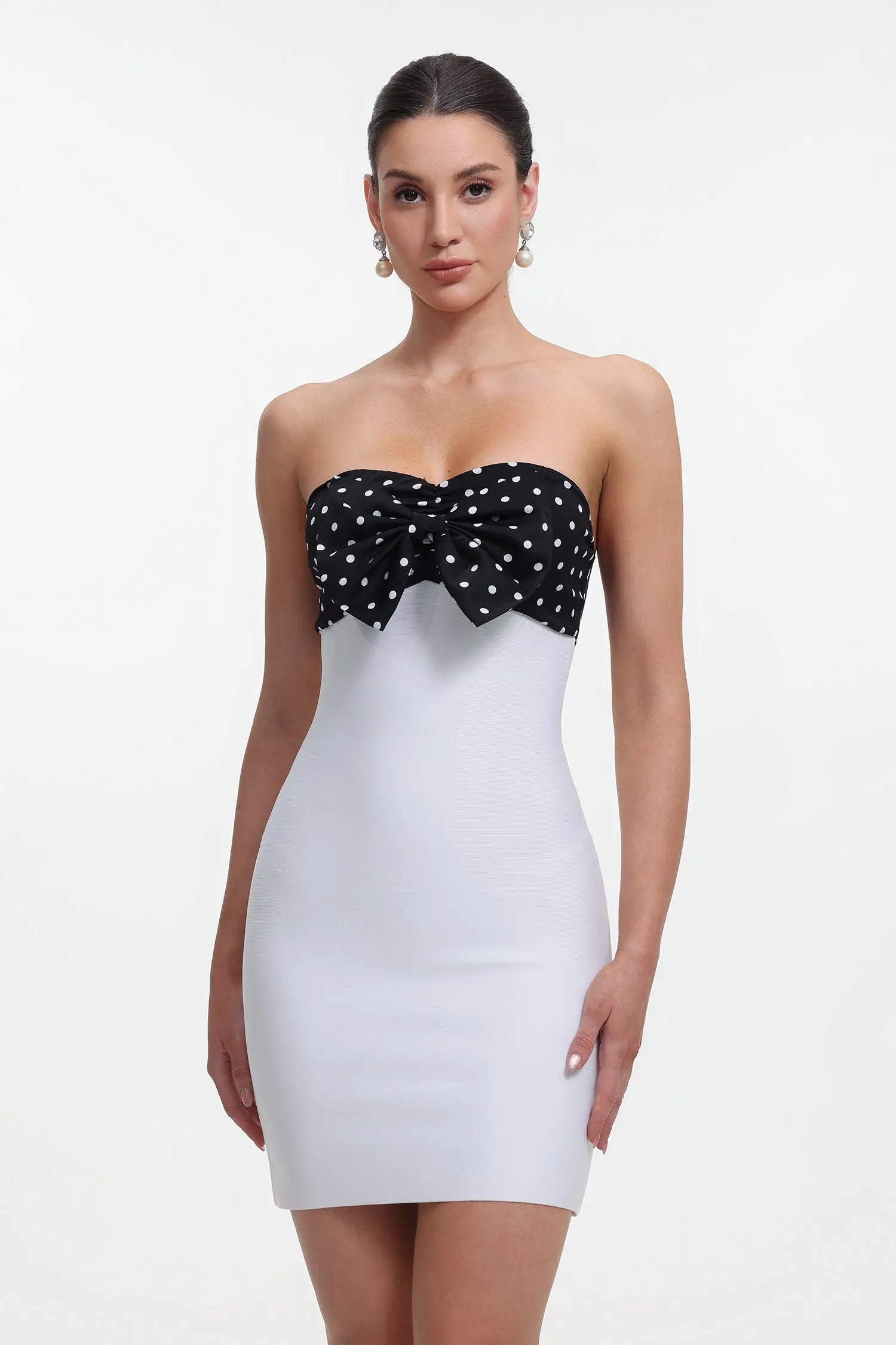 michaelia white Contour Sleeveless Polka Dot Contrast bow Bandage Mini Dress Avalabel