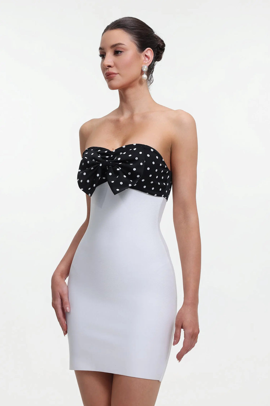 michaelia white Contour Sleeveless Polka Dot Contrast bow Bandage Mini Dress Avalabel