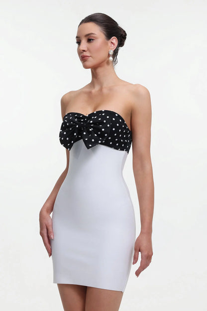 michaelia white Contour Sleeveless Polka Dot Contrast bow Bandage Mini Dress Avalabel