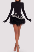 BLACK VELVET FEATHER GLOVES MINI DRESS Avalabel