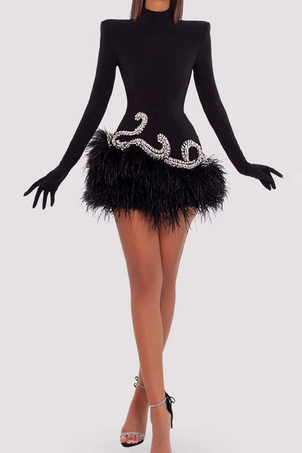 BLACK VELVET FEATHER GLOVES MINI DRESS Avalabel