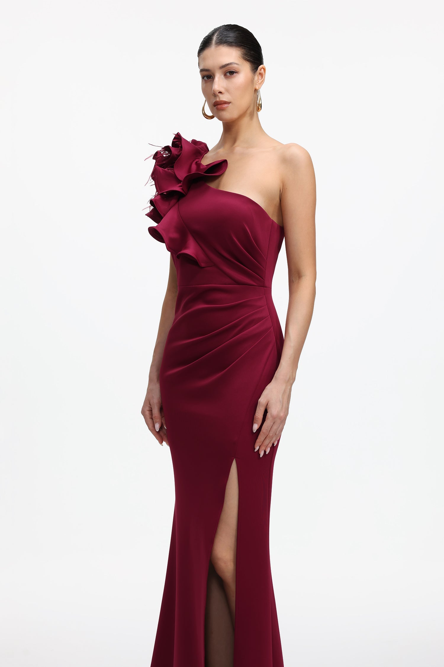 Mishell Romantic Contour One Shoulder Floral Pleated Maxi Dress Avalabel