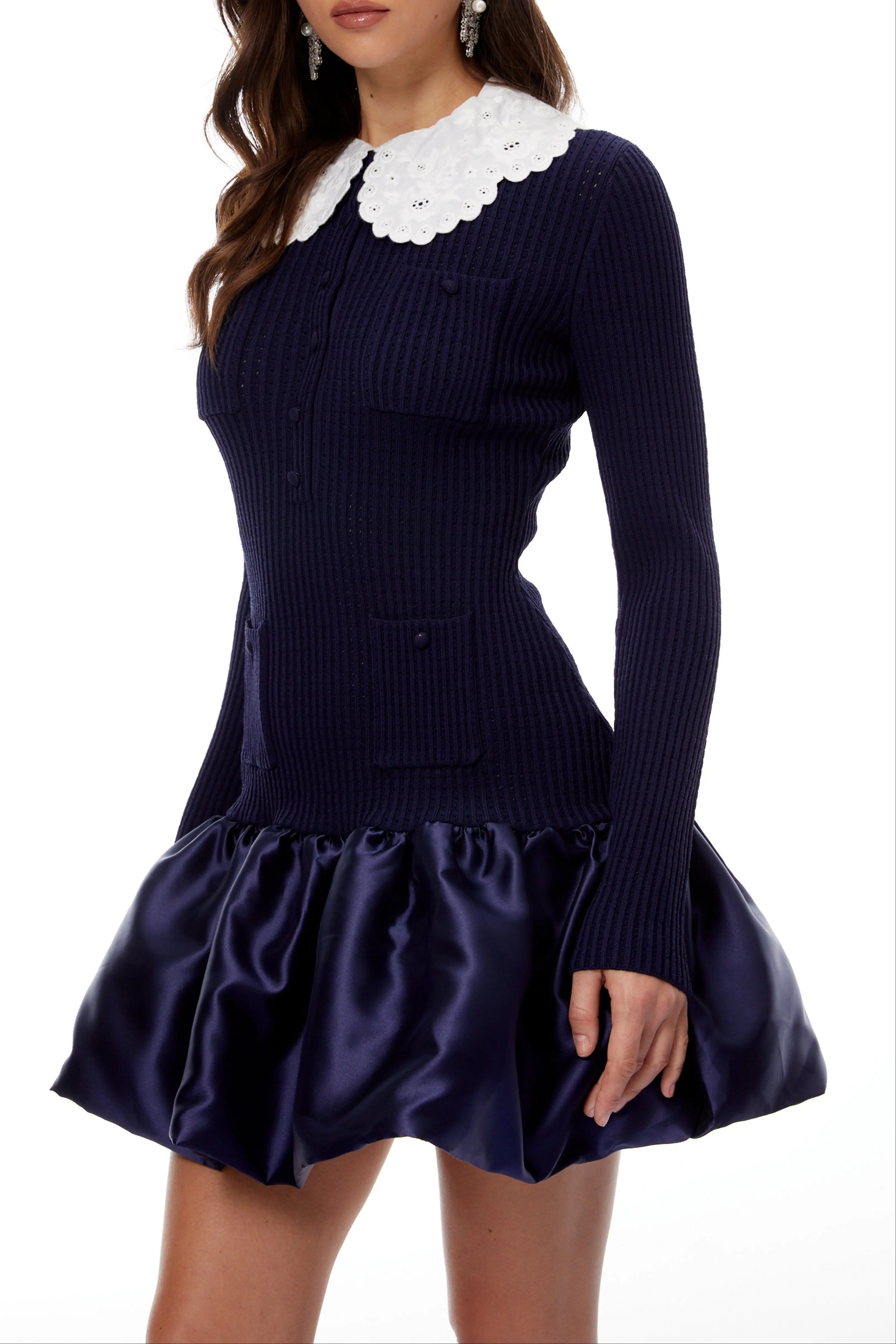 lorraine Navy Blue Satin Panel Knit Mini Dress Avalabel