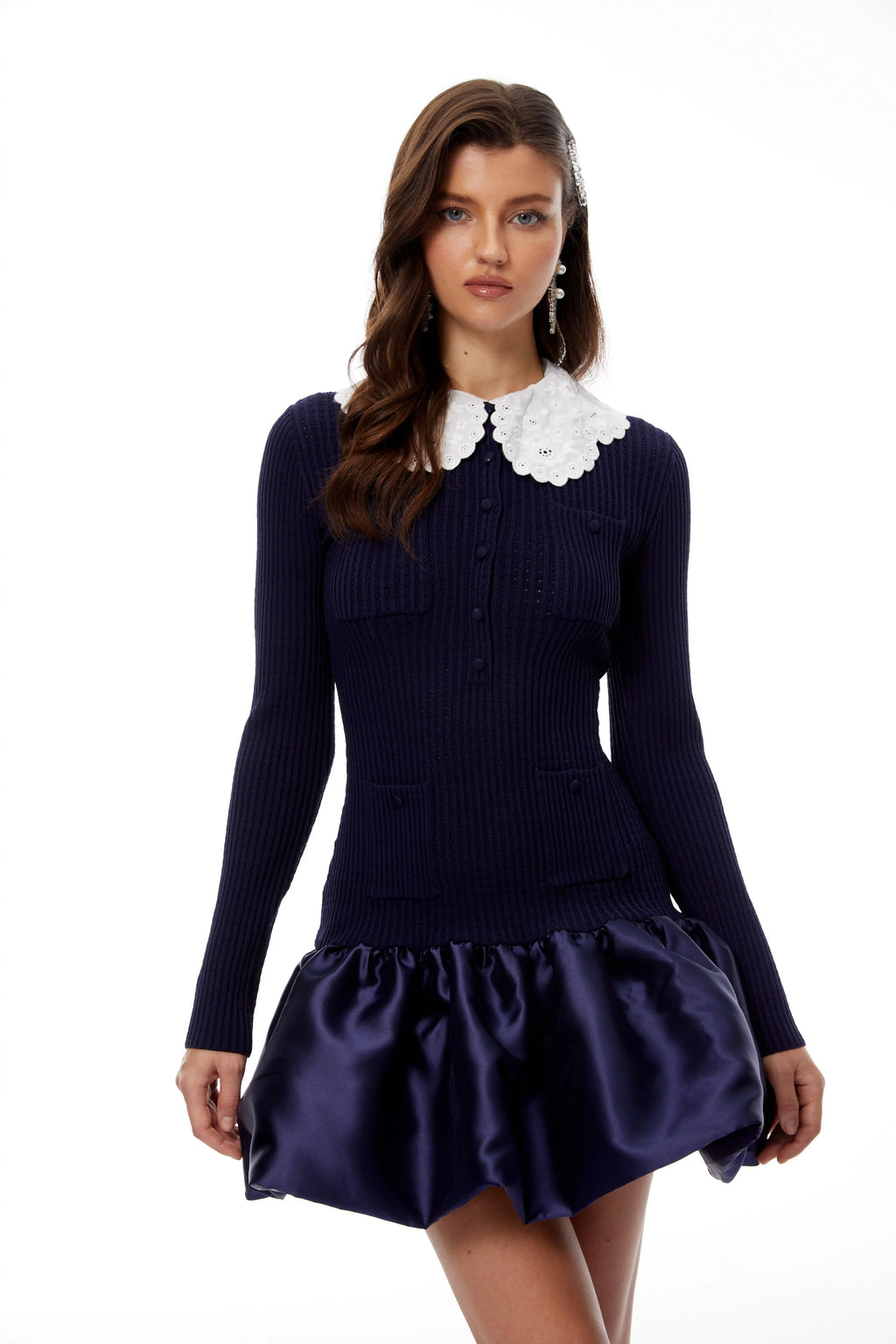 lorraine Navy Blue Satin Panel Knit Mini Dress Avalabel