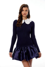 lorraine Navy Blue Satin Panel Knit Mini Dress Avalabel