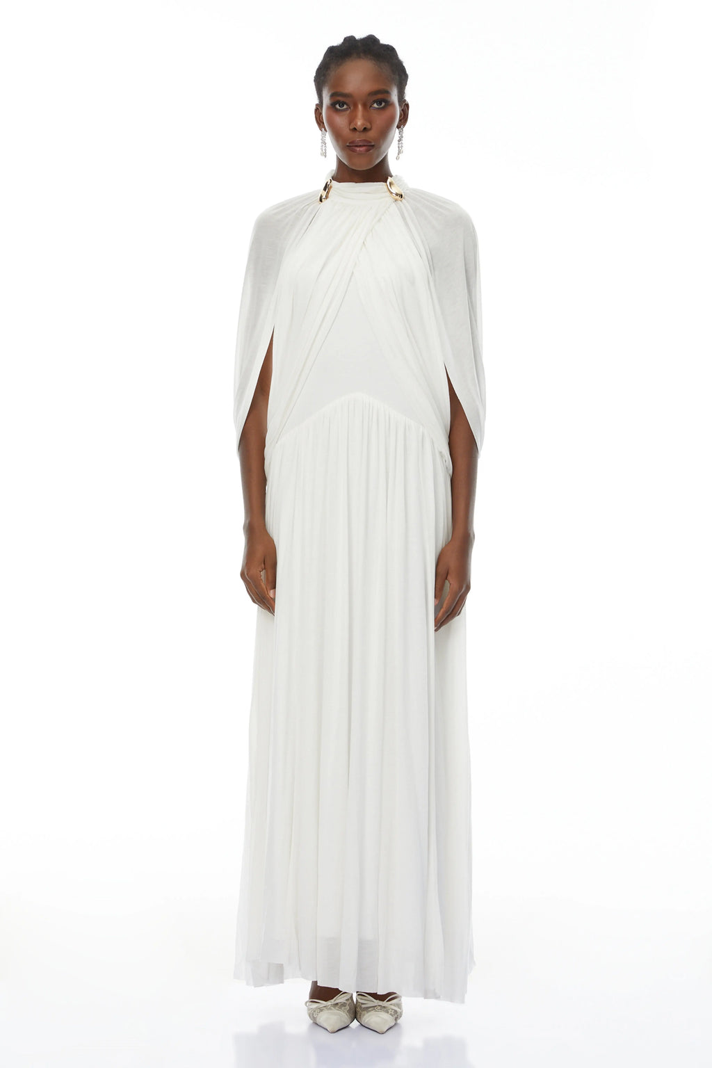leona white Draped Cape Sleeve Knit Maxi Dress Avalabel