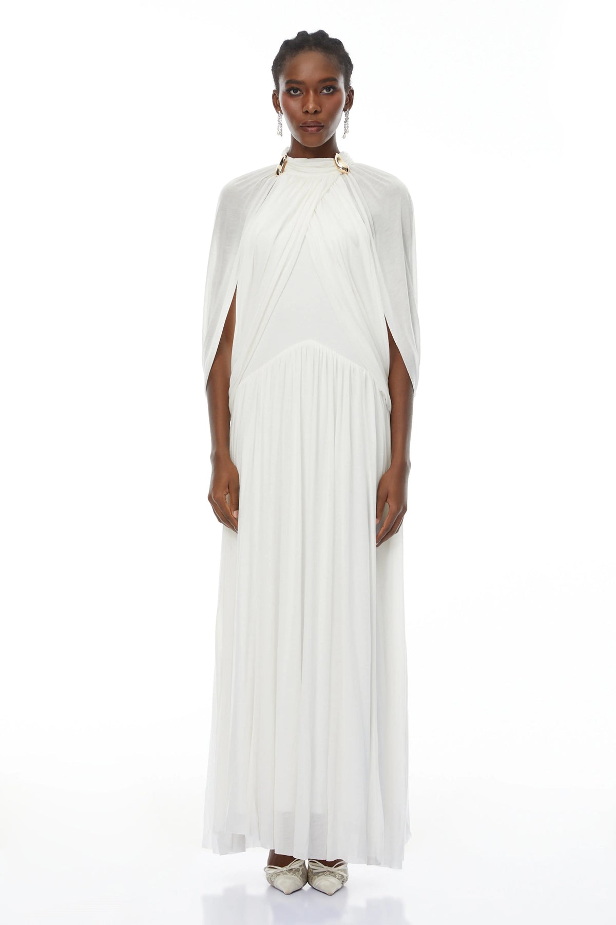 leona white Draped Cape Sleeve Knit Maxi Dress Avalabel
