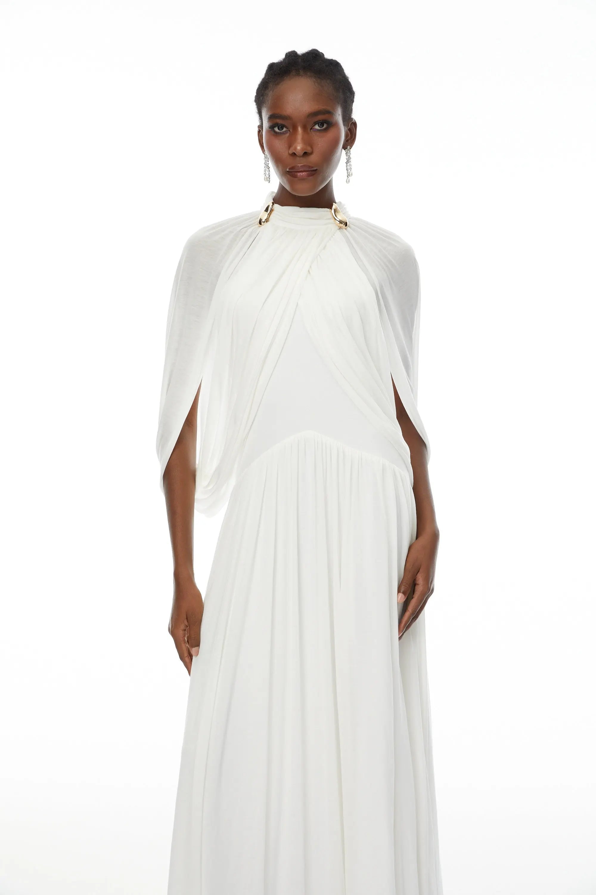 leona white Draped Cape Sleeve Knit Maxi Dress Avalabel