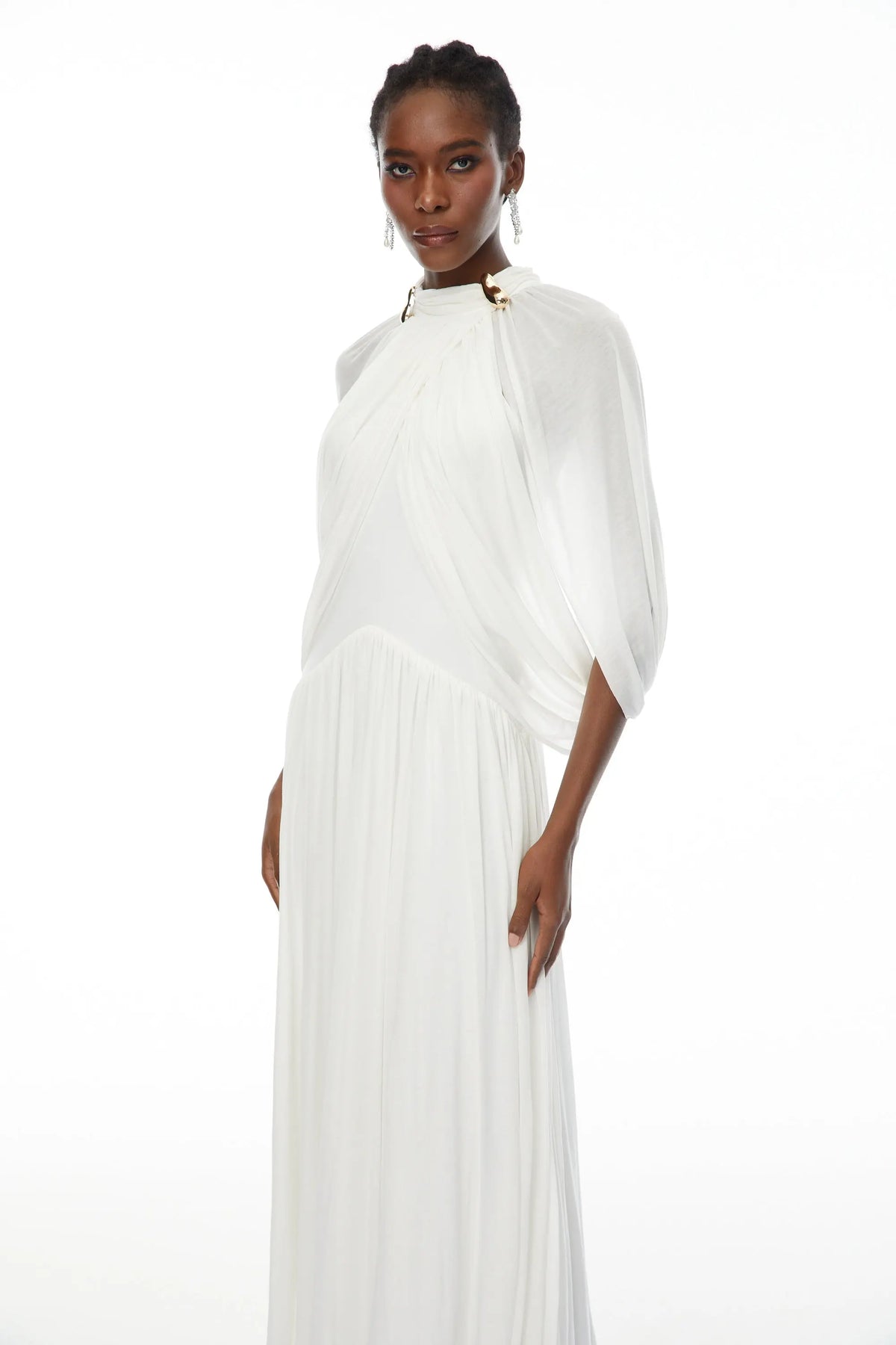 leona white Draped Cape Sleeve Knit Maxi Dress Avalabel