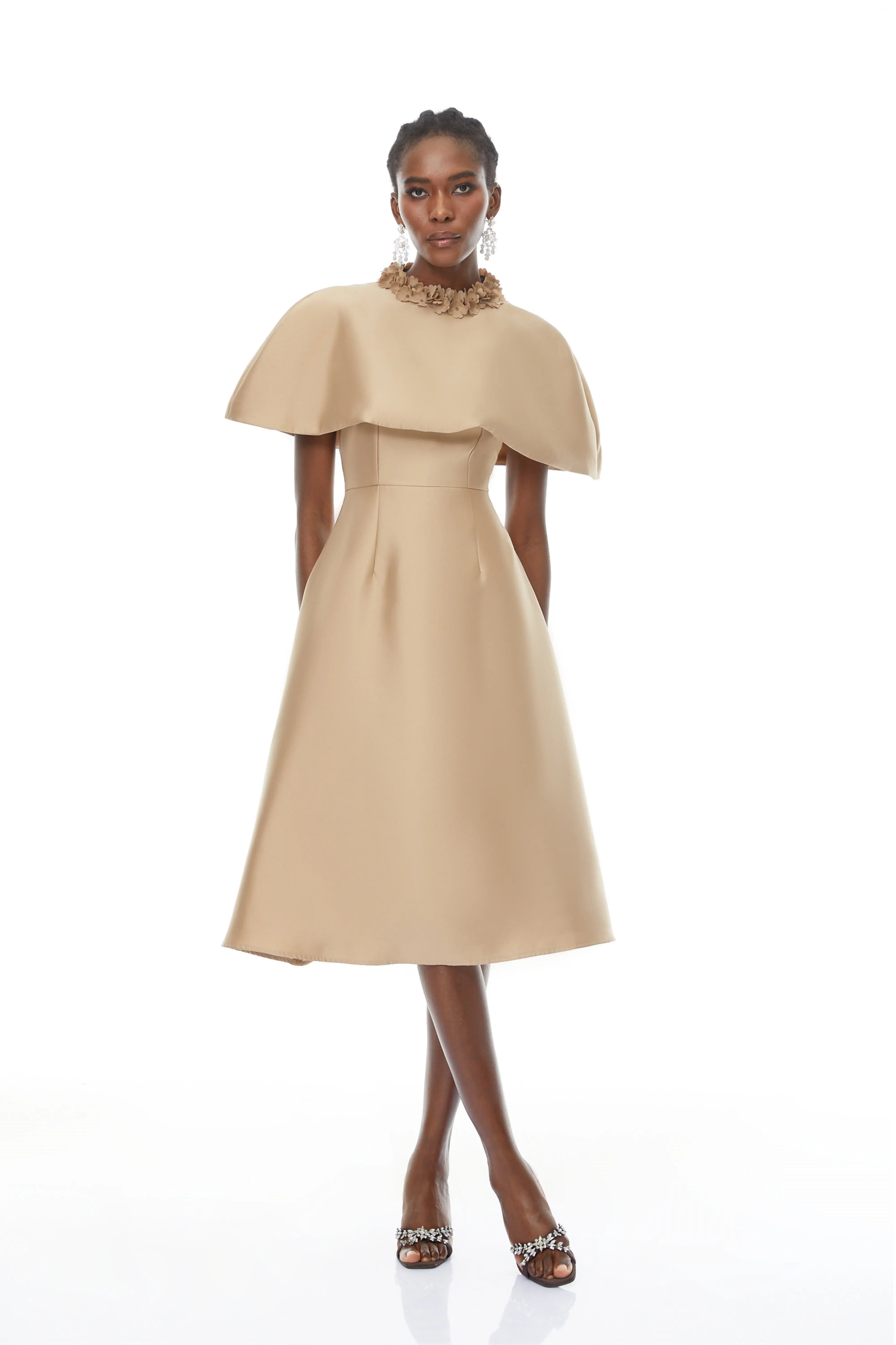 michelle Khaki Cape Satin Midi Dress Avalabel
